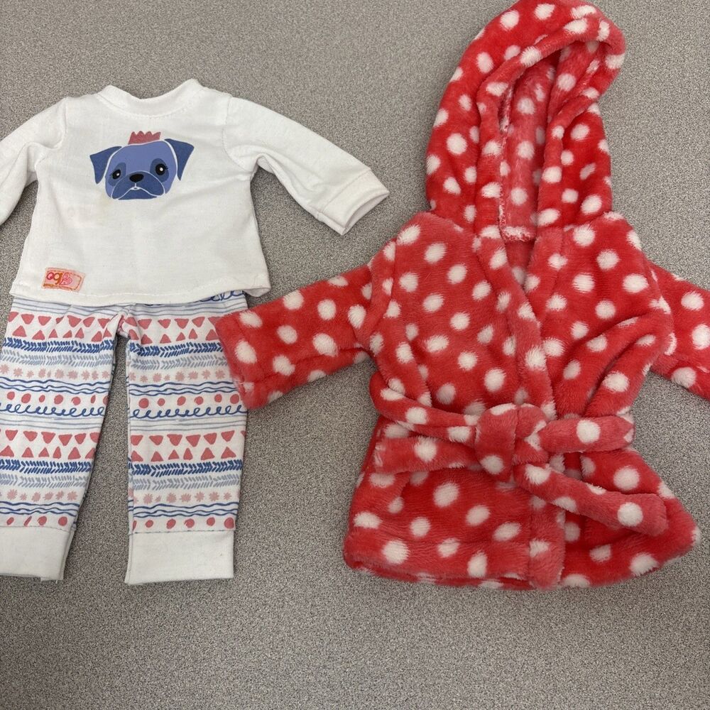 18" Doll Our Generation Pug PJs Pajamas Robe Top & Pants & Fuzzy Polka Dot Robe